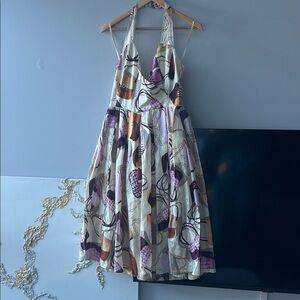 Vieste Abstract Print Halter Dress in Purple, Cream & Tan